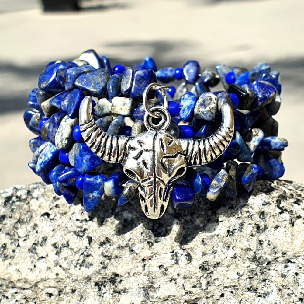 Boho Western Cow Skull Lapis Lazuli Chip Bracelet